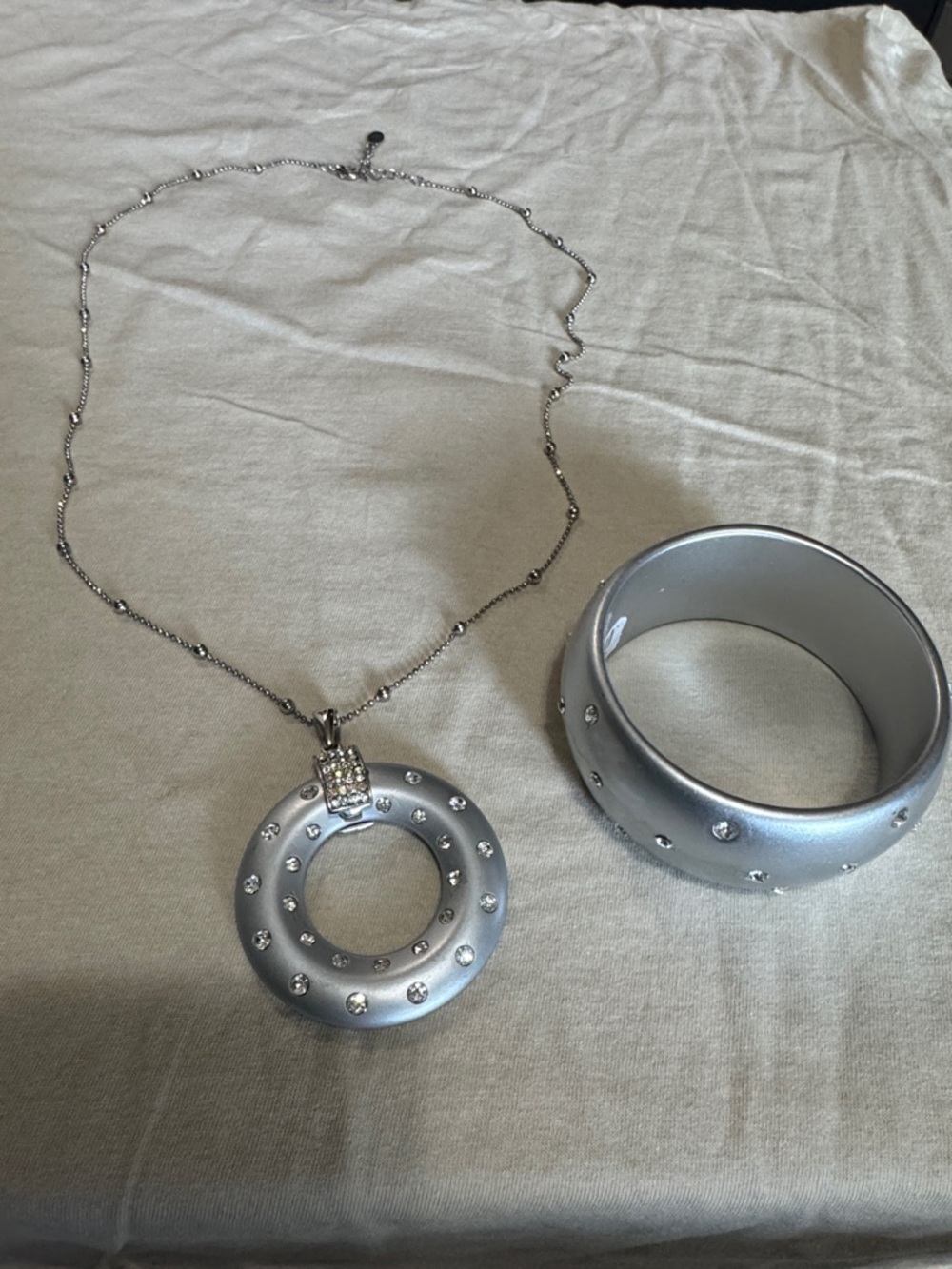 Source Unknown Silver-Tone Crystal Donut Pendant Necklace and Bangle Set